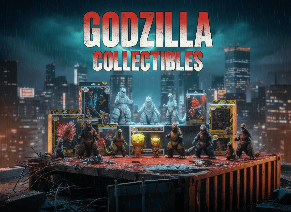 Godzilla: πολύχρωμες φιγούρες και συλλεκτικά Godzilla (Funko POP, action figures και boxed προϊόντα) πάνω σε κινηματογραφικό βάθρο σε νυχτερινό Tokyo, με βροχή και μπλε λάμψη στον ουρανό | Techbox