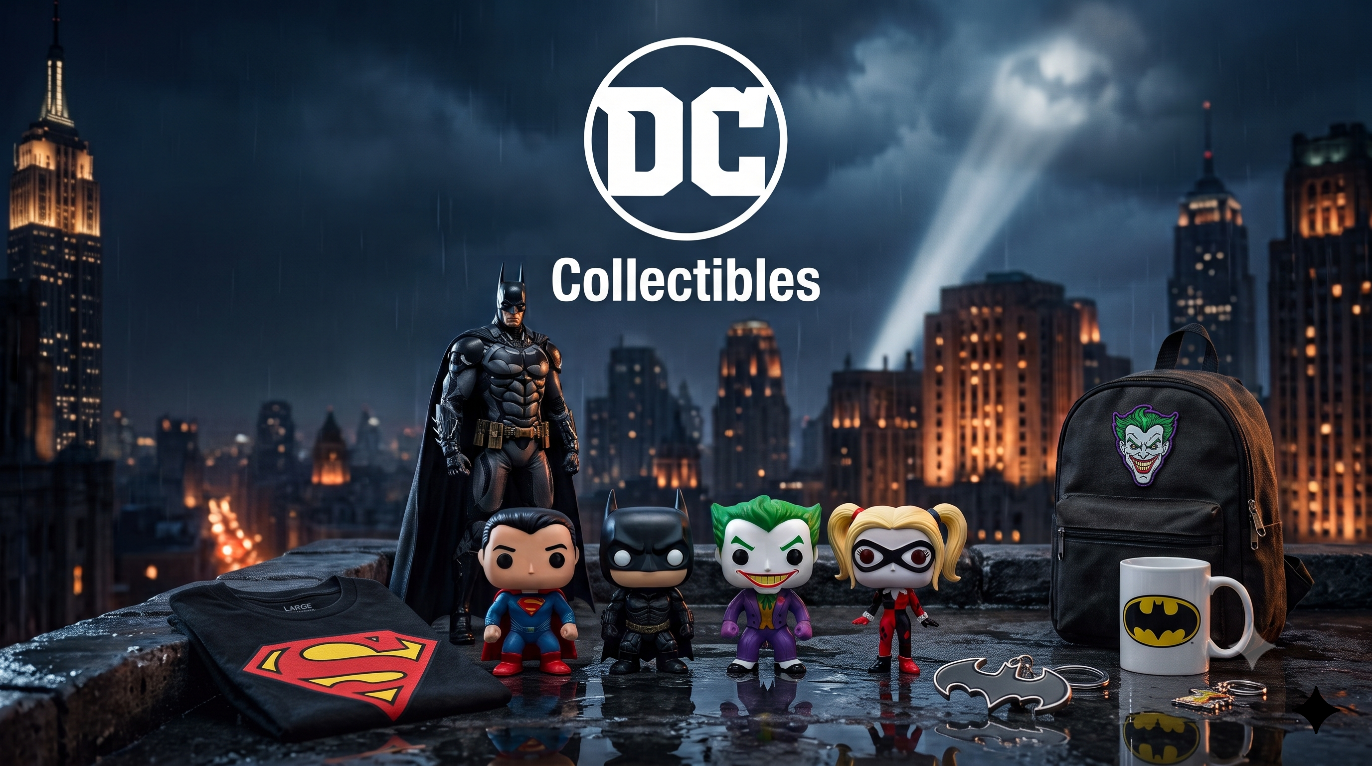 Συλλεκτικά DC στο Techbox: φιγούρα Batman, Funko POP Superman και Joker, κούπα, μπλουζάκι και σακίδιο σε ταράτσα με θέα τη Gotham