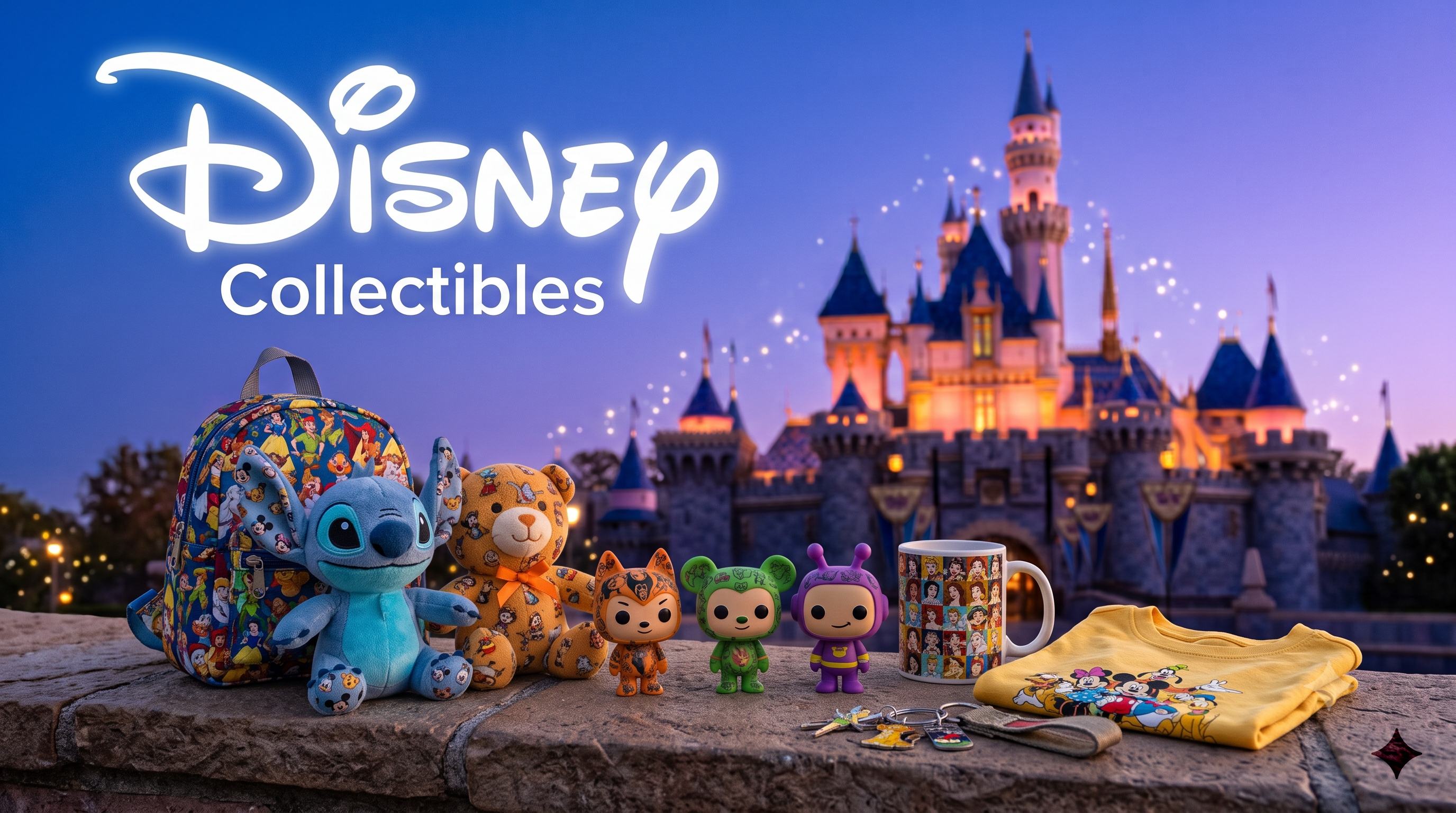 Disney collectibles at Techbox: Stitch plush, Winnie the Pooh, Funko POP, mug and backpack in front of illuminated castle