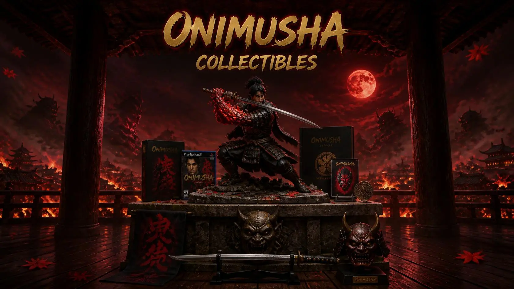 Onimusha: Way of the Sword — άγαλμα σαμουράι με το Oni Gauntlet και συλλεκτικά της σειράς