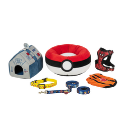 Collectible pet accessories featuring collars, leashes, pet beds, houses, harnesses, and clothes with designs from Pokemon, Marvel, Star Wars, and Naruto – Techbox