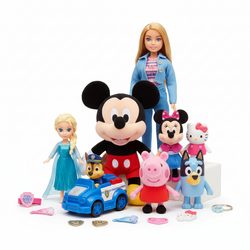 Παιδικά συλλεκτικά προϊόντα – Disney, Paw Patrol, Peppa Pig, Bluey, Hello Kitty, Barbie, compact φωτορεαλιστική σύνθεση με λίγα προϊόντα, Techbox