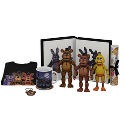 Banner με συλλεκτικά Five Nights at Freddy's (φιγούρες, λούτρινα, μπλουζάκια, παιχνίδια PS4/PS5) σε παστέλ gradient ράφι και τίτλο "Five Nights at Freddy's Collectibles" σε horror arcade στυλ