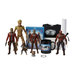 Φωτορεαλιστικό σετ Guardians of the Galaxy: φιγούρες Star-Lord, Groot, Rocket, Gamora, Drax, movie Blu-ray/DVD box, μπλουζάκι, κούπα, poster και μπρελόκ – όλα τακτοποιημένα σε διαφανές φόντο, σε στυλ premium eShop