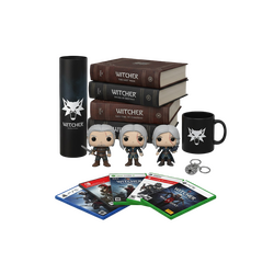 Φωτορεαλιστικό product-first set Witcher: φιγούρες Geralt, Ciri, Yennefer, Funko POP! Witcher, συλλεκτικά βιβλία, αφίσα, t-shirt, mug, keychain και Witcher video game boxes (PS5, Xbox, Switch, PC) – όλα grouped και τακτοποιημένα σε διαφανές φόντο, σε premium eShop στυλ