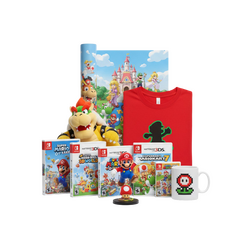 Φωτορεαλιστικό σετ Super Mario: game boxes (Switch, retro), φιγούρες Mario, Luigi, Peach, Bowser, Yoshi, LEGO Mario, μπλουζάκι, κούπα, poster και μπρελόκ – όλα τακτοποιημένα σε διαφανές φόντο, σε στυλ premium eShop