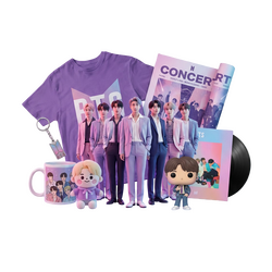Banner με φιγούρες BTS (stylized idols), μπρελόκ, τσάντες και BT21 αντικείμενα σε παστέλ gradient ράφι και τίτλο "BTS Collectibles" σε K-pop στυλ