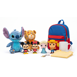 Disney collectibles: Stitch plush, teddy bear, Funko POP Mickey and Minnie figures, backpack, mug and t-shirt on a white background
