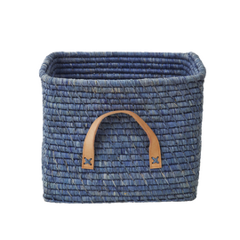 Rice - Small Square Raffia Basket with Leather Handles - Blue / Baby and Children