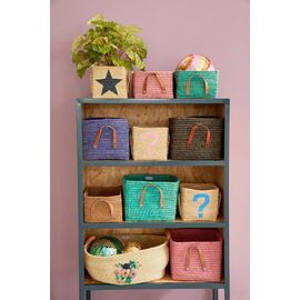 Rice - Small Square Raffia Basket with Leather Handles - Blue / Baby and Children