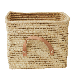 Rice - Small Square Raffia Basket with Leather Handles - Natural / Baby and Children