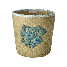 Rice - Raffia Basket with Blue Flower Embroidery and Flower Fabric Edge - Blue / Baby and Children