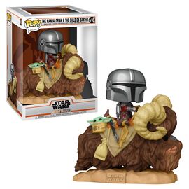 POP figure Star Wars The Mandalorian Mando on Bantha with Child in Bag |  Techbox