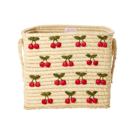 Rice - Raffia Square Basket with Small Cherries Embroidery - Red - 30 cm x 30 cm x 25 cm / Baby and Children