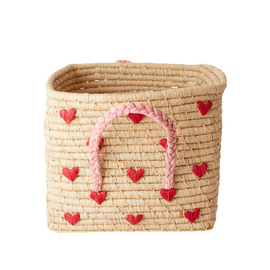 Rice - Small Square Raffia Basket with Handles - Hearts / Baby and Children