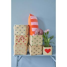 Rice - Small Square Raffia Basket with Handles - Hearts / Baby and Children