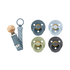 BIBS - Pacifier Colour 4 PACK - Petrol/Sage/Baby Blue/Iron - Size 2 + Pacifier Clip Braided - Petrol/Baby Blue - Onesize (Bundle) / Baby and Children
