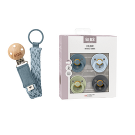 BIBS - Pacifier Colour 4 PACK - Petrol/Sage/Baby Blue/Iron - Size 2 + Pacifier Clip Braided - Petrol/Baby Blue - Onesize (Bundle) / Baby and Children