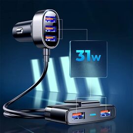 Joyroom fast car charger 5x USB 6.2 A with extension cable black (JR-CL03) | Techbox