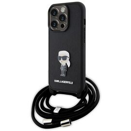Karl Lagerfeld Crossbody Saffiano Monogram Metal Pin Karl &amp; Choupette Case for iPhone 15 Pro - Black - Apple Cases - Cases - Techbox