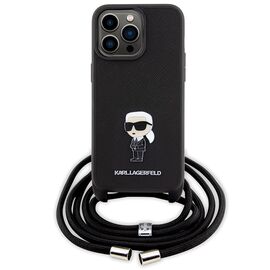 Karl Lagerfeld Crossbody Saffiano Monogram Metal Pin Karl &amp; Choupette Case for iPhone 15 Pro Max - Black - Apple Cases - Cases - Techbox