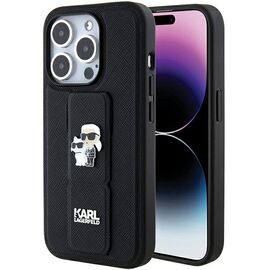Karl Lagerfeld Gripstand Saffiano Karl&amp;Choupette Pins case for iPhone 15 Pro - black - Apple Cases - Cases - Techbox