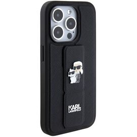 Karl Lagerfeld Gripstand Saffiano Karl&amp;Choupette Pins case for iPhone 15 Pro - black - Apple Cases - Cases - Techbox