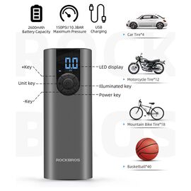 Rockbros 42720001001 Electric Bike Pump with LED Display + USB-C - USB-A Cable - Black | Techbox