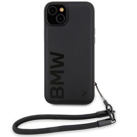BMW Signature Leather Wordmark Cord Case for iPhone 15/14/13 - Black | Techbox