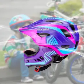 Rockbros TT-32SBPP-M children's bicycle helmet with removable chinbar, size M - purple-pink | Techbox