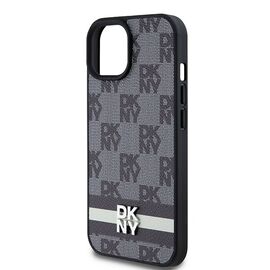 DKNY Leather Checkered Mono Pattern &amp; Printed Stripes Case for iPhone 15 Plus / 14 Plus - Black | Techbox