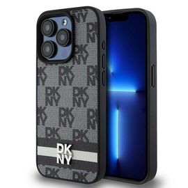 DKNY Leather Checkered Mono Pattern &amp; Printed Stripes Case for iPhone 15 Pro Max - Black | Techbox