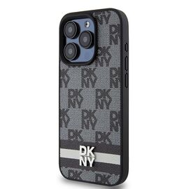 DKNY Leather Checkered Mono Pattern &amp; Printed Stripes Case for iPhone 15 Pro Max - Black | Techbox
