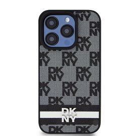 DKNY Leather Checkered Mono Pattern &amp; Printed Stripes Case for iPhone 15 Pro Max - Black | Techbox