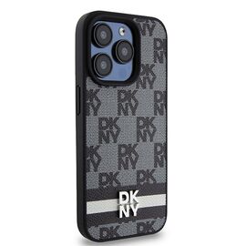 DKNY Leather Checkered Mono Pattern &amp; Printed Stripes Case for iPhone 15 Pro Max - Black | Techbox