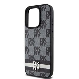 DKNY Leather Checkered Mono Pattern &amp; Printed Stripes Case for iPhone 15 Pro Max - Black | Techbox