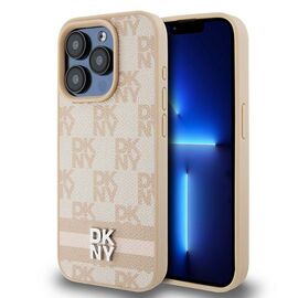 DKNY Leather Checkered Mono Pattern &amp; Printed Stripes case for iPhone 15 Pro Max - pink | Techbox