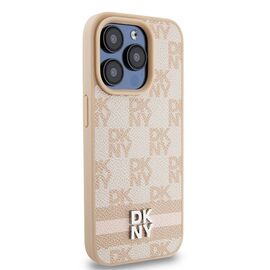 DKNY Leather Checkered Mono Pattern &amp; Printed Stripes case for iPhone 15 Pro Max - pink | Techbox