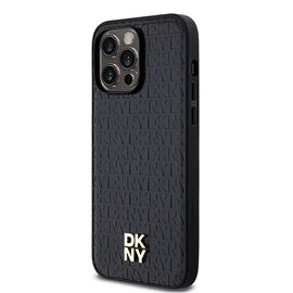 DKNY Leather Monogram Pattern Metal Logo MagSafe Case for iPhone 14 Pro Max - Black | Techbox
