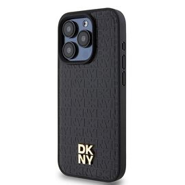 DKNY Leather Monogram Pattern Metal Logo MagSafe Case for iPhone 15 Pro - Black | Techbox