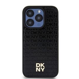DKNY Leather Monogram Pattern Metal Logo MagSafe Case for iPhone 15 Pro - Black | Techbox
