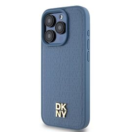 DKNY Leather Monogram Pattern Metal Logo MagSafe Case for iPhone 15 Pro - Blue | Techbox