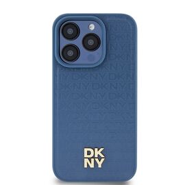 DKNY Leather Monogram Pattern Metal Logo MagSafe Case for iPhone 15 Pro - Blue | Techbox