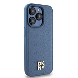 DKNY Leather Monogram Pattern Metal Logo MagSafe Case for iPhone 15 Pro - Blue | Techbox