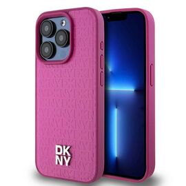 DKNY Leather Monogram Pattern Metal Logo MagSafe Case for iPhone 15 Pro - Pink | Techbox