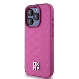 DKNY Leather Monogram Pattern Metal Logo MagSafe Case for iPhone 15 Pro - Pink | Techbox