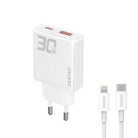 GaN Dudao A30EUL 30W USB-A / USB-C Wall Charger + USB-C - Lightning Cable - White | Techbox