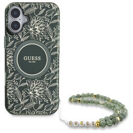 Guess IML Flowers Allover Electro With Pearl Strap MagSafe case for iPhone 16 - green - Apple Cases - Cases - Techbox