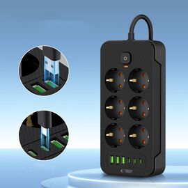 Tech-Protect PC6X6 Power Strip 6 Sockets 240V + 3xUSB-A + 3xUSB-C 200cm - Black