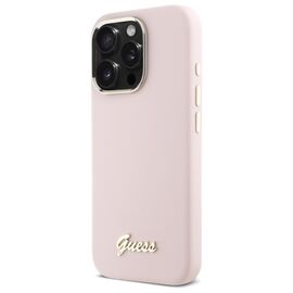 Guess Silicone Script Metal Logo &amp; Frame iPhone 16 Pro Case - Pink | Techbox